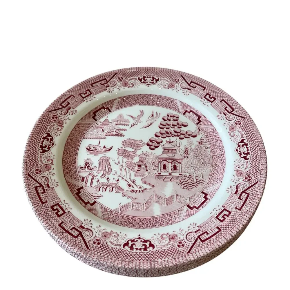 Queen's England WILLOW ROSA Porcelain Dinner Plates 10in Red White Set of 4 New
